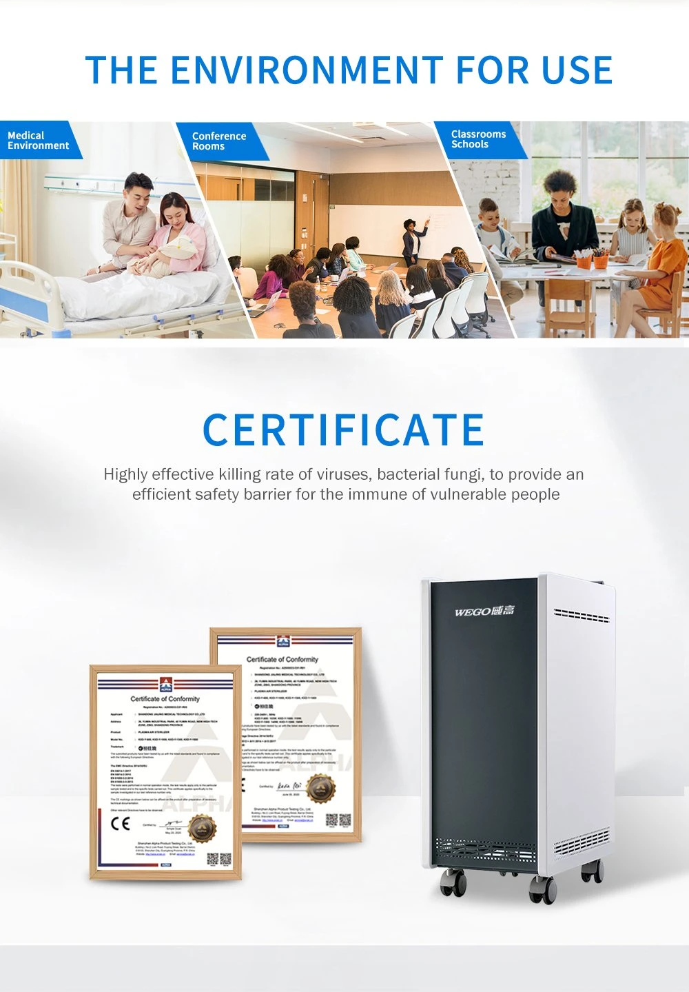 Wg-Y-1000 CE Approved Moveable Plasma Air Purifier Air Disinfector 99.99% Rate